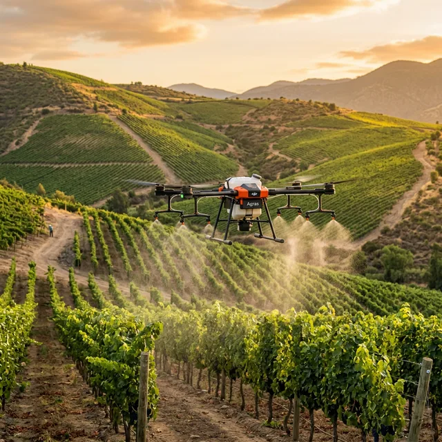 Dron agrícola fumigando viñedo en ladera en Valle de Colchagua Chile