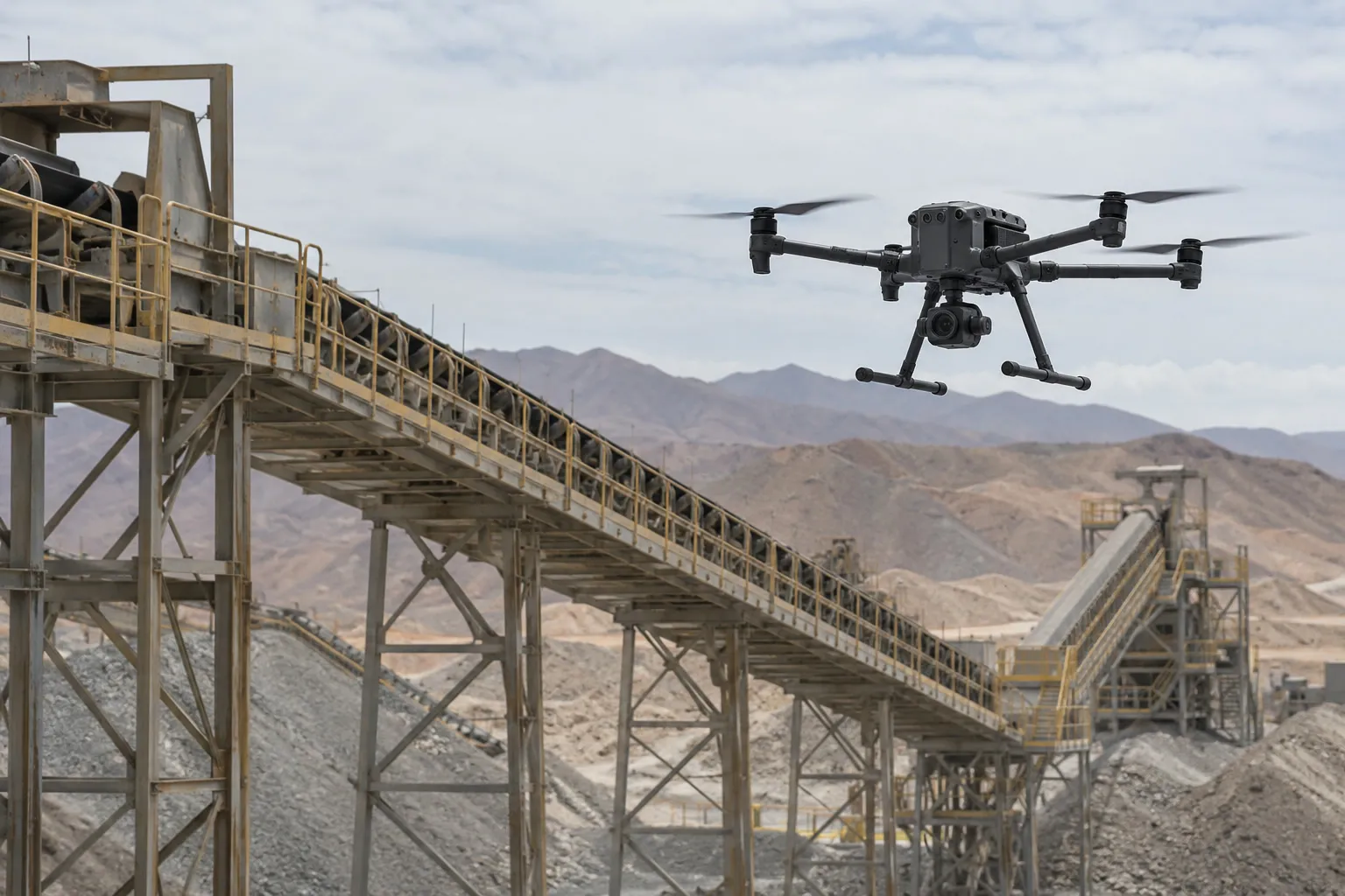 Dron industrial vuela junto a una correa transportadora en una planta de chancado