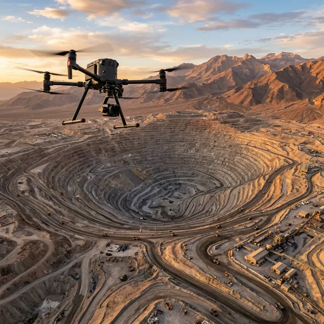 Dron profesional DJI Matrice volando sobre mina de cobre en Chile