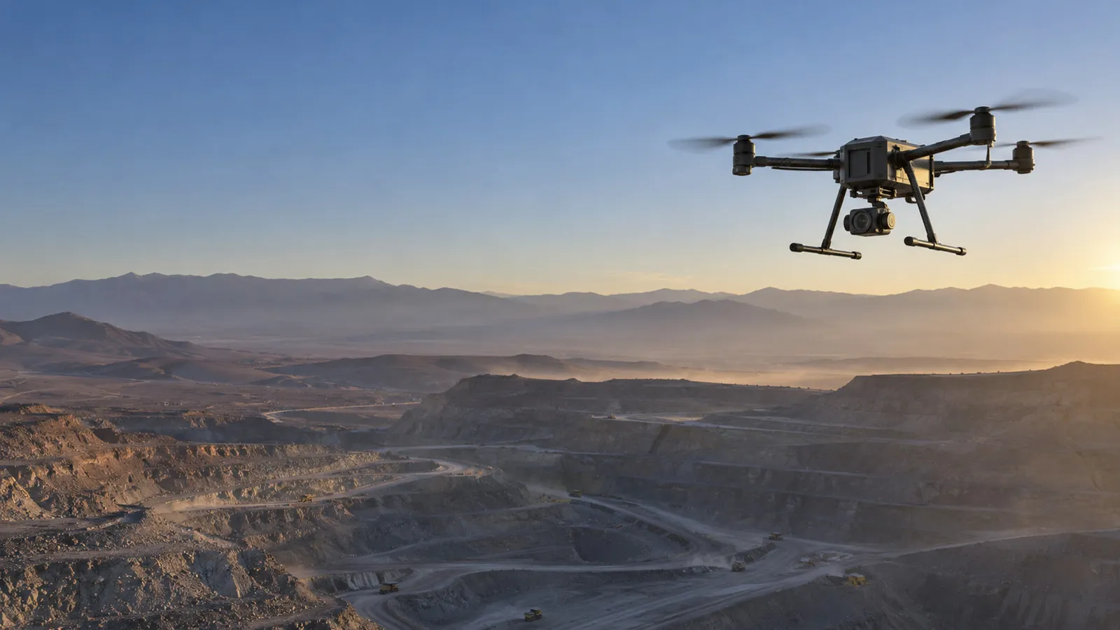 Dron industrial en vuelo sobre una mina a cielo abierto al atardecer
