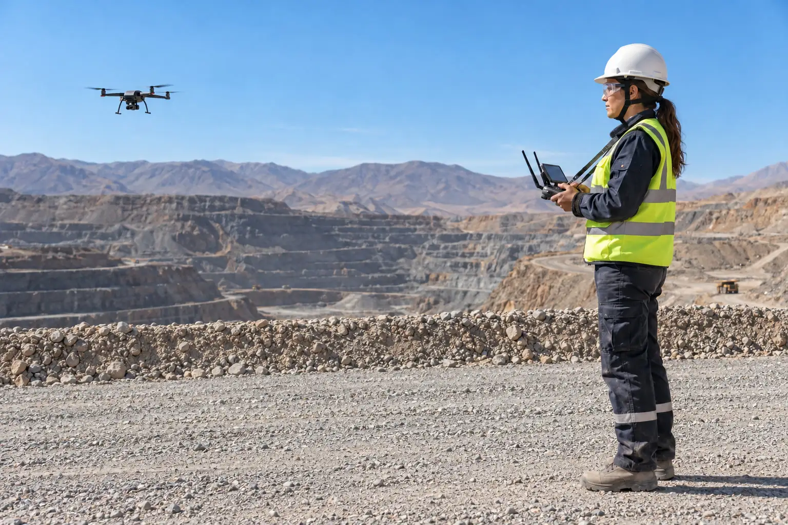 Piloto con EPP opera un dron industrial en una faena minera