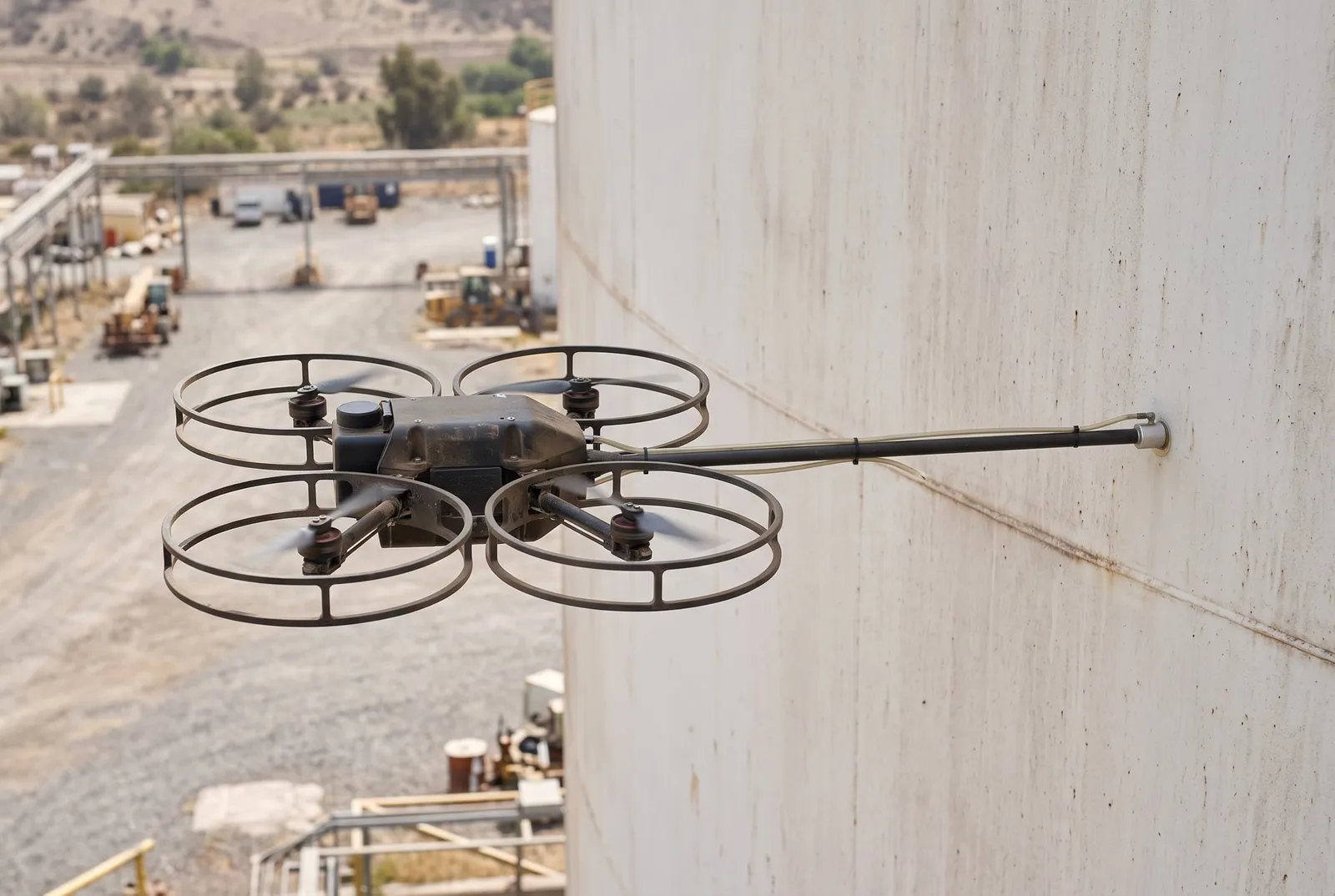 Dron con protecciones en las hélices apoya un sensor de ultrasonido en la pared de un estanque