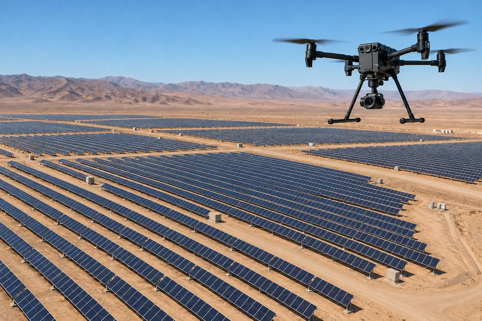 Dron industrial sobrevuela las filas de módulos de una planta fotovoltaica en el desierto