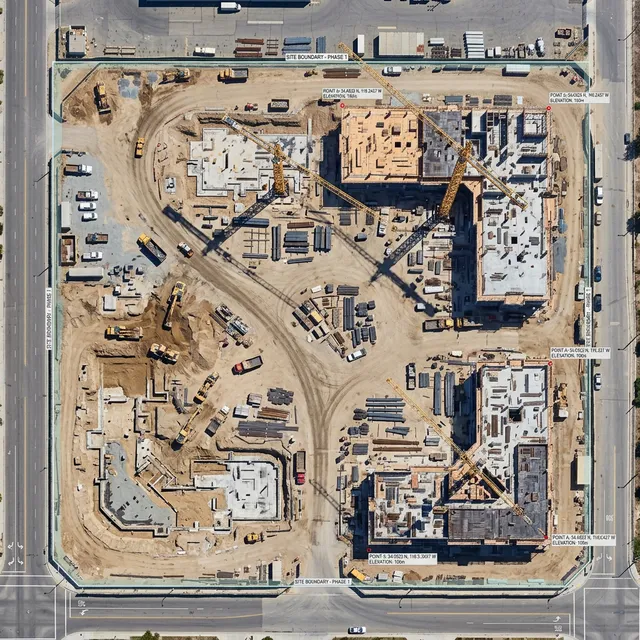Vista aérea de obra en construcción con ortomosaico y marcadores GIS